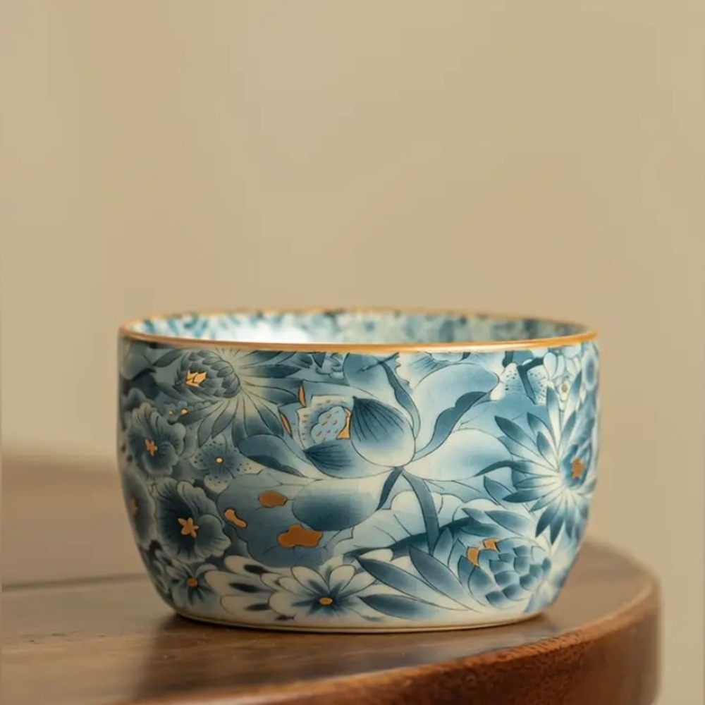 Ceramic Master Tea Cup Blue Collectible New With Floral Prints Zen Vibe